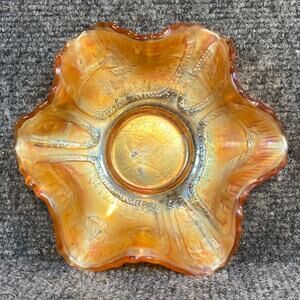Antique Orange Carnival Art Glass Fenton Sailboat Ruffle Edge Candy Dish 6" Bowl